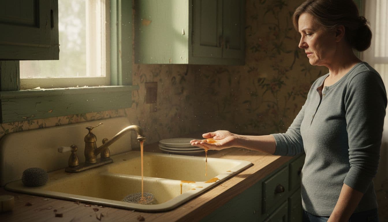 Homeowner holds hand under kitchen faucet as rusty water trickles weakly.