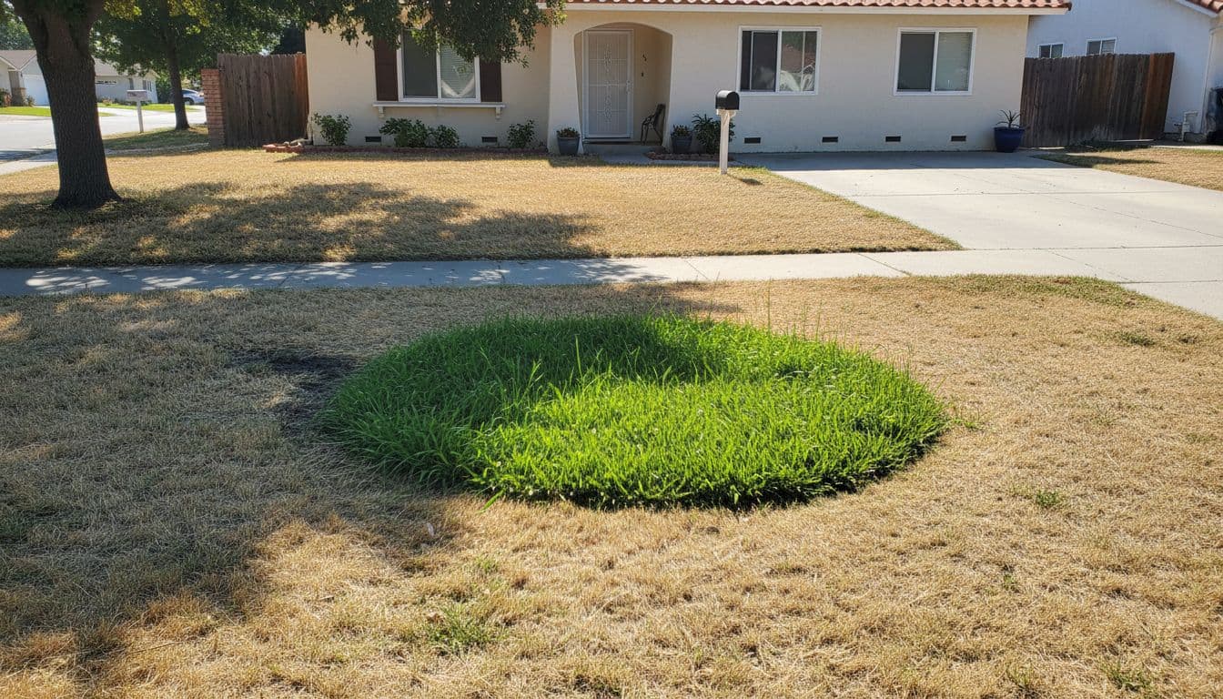 Small circular patch of vibrant green grass contrasts dry brown lawn in sunny Southern California front yard.