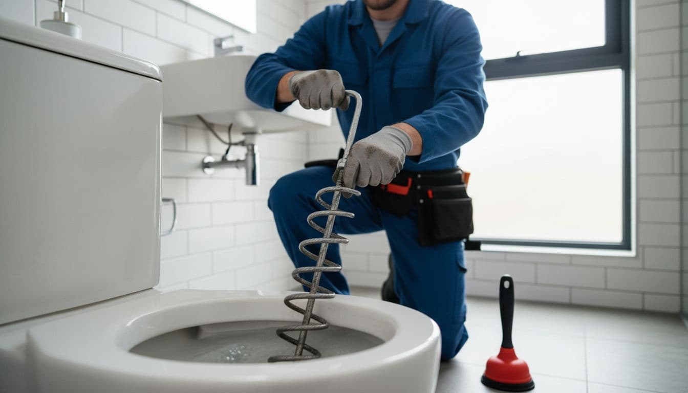 Plumber's hands use drain auger on toilet with high water level and nearby plunger in bathroom.
