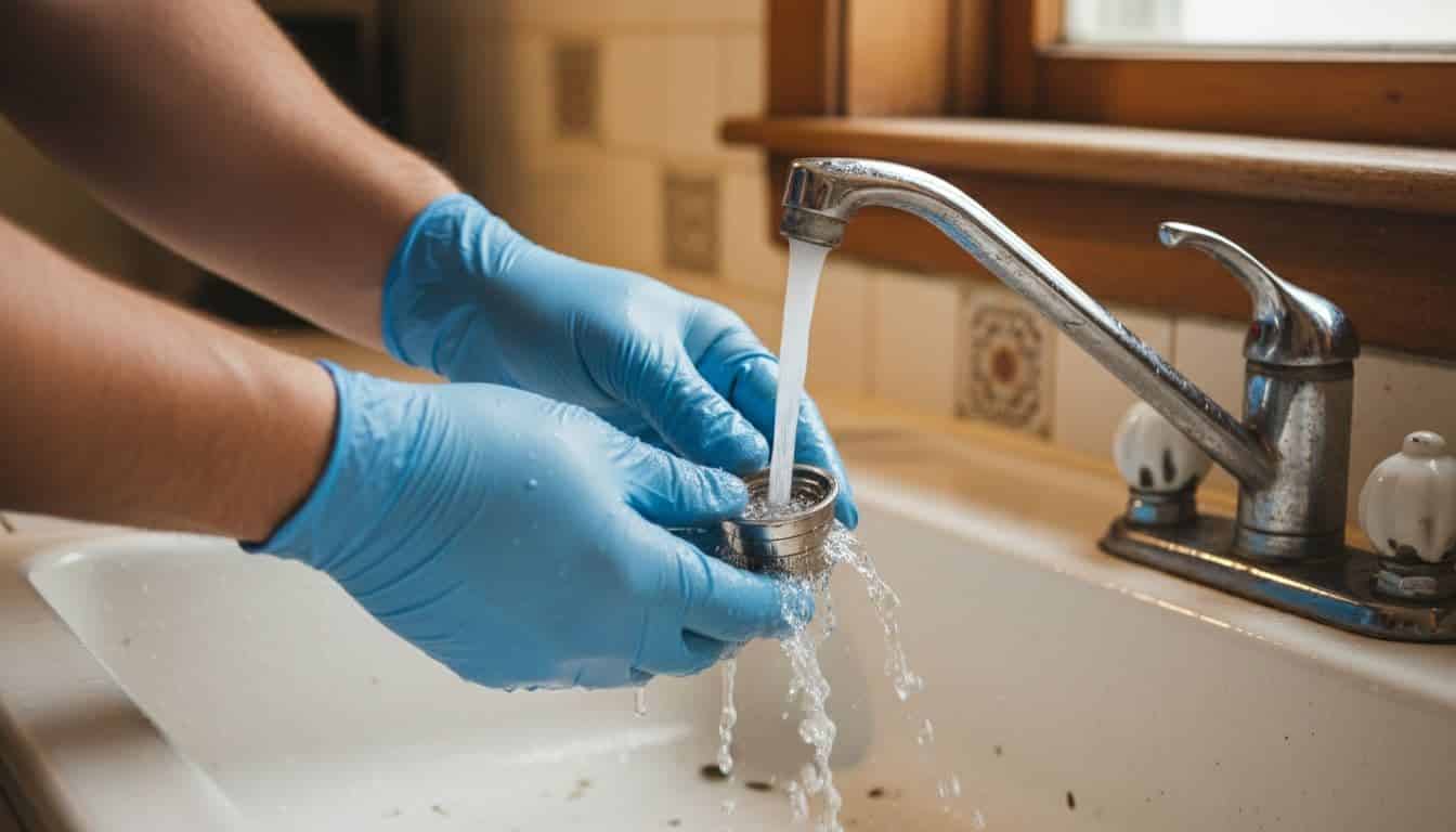 Hands hold faucet aerator under running water in kitchen sink, scrubbing off mineral buildup.