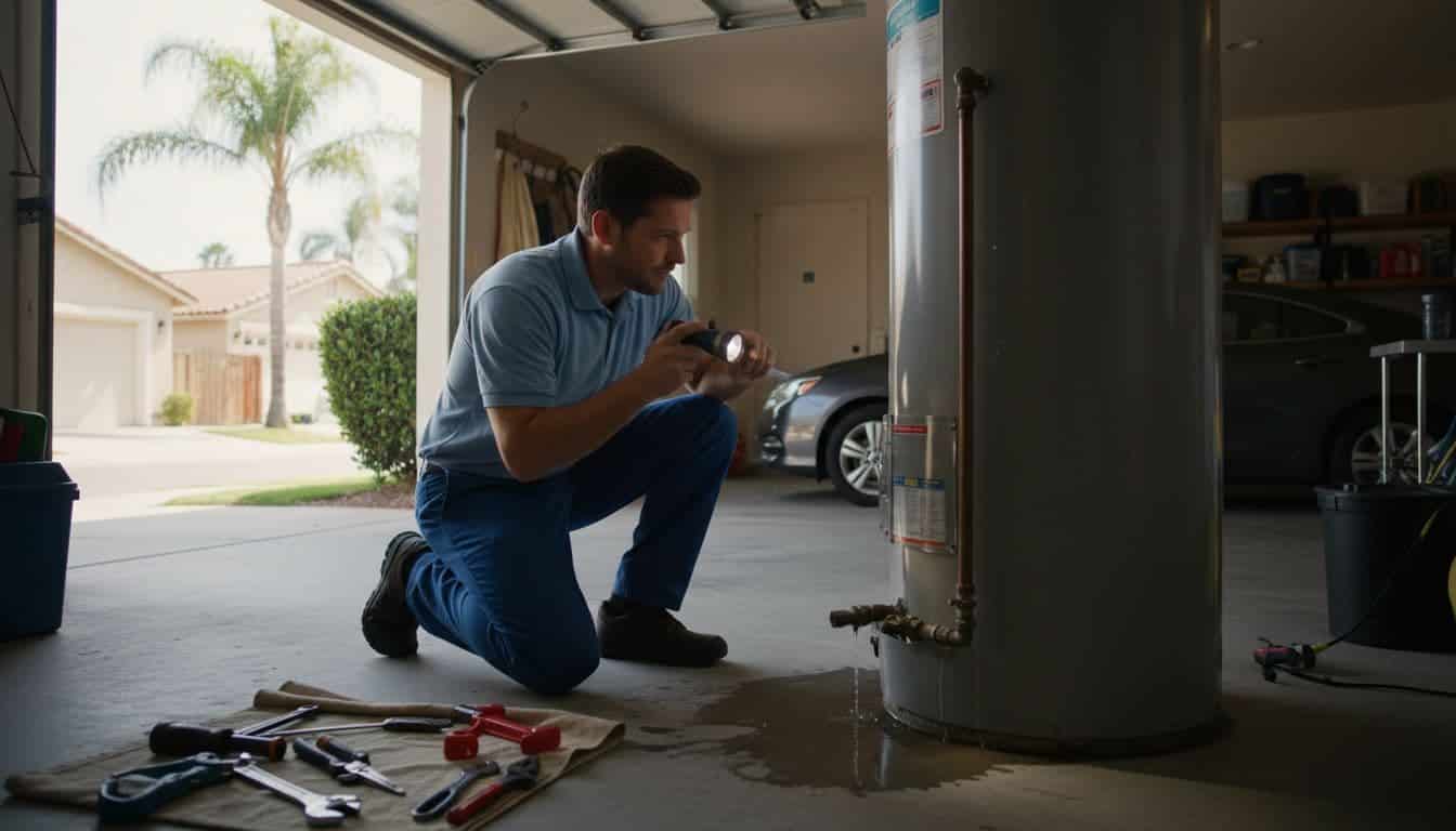 Realistic photo of a plumber technician kneeling beside a leaking water heater in a Southern California residential garage, checking the pipe connection with a flashlight while tools lie nearby on the floor under natural daylight.