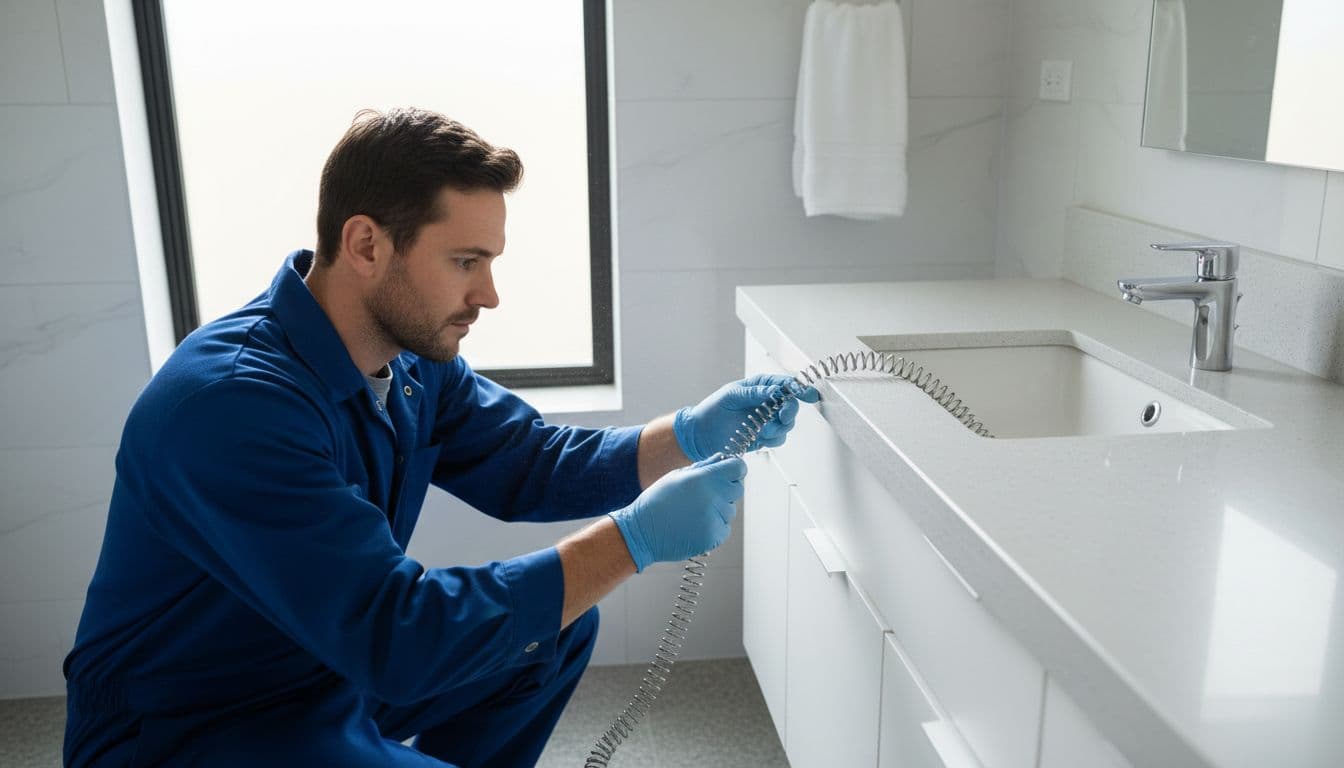 Plumber wearing gloves inserts drain snake into bathroom sink drain.