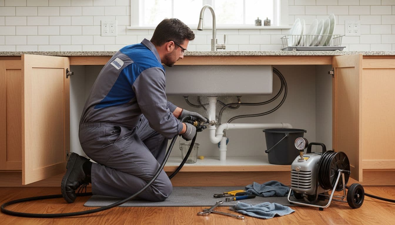 Plumber in uniform uses hydrojetting equipment to clean clogged drain under kitchen sink.