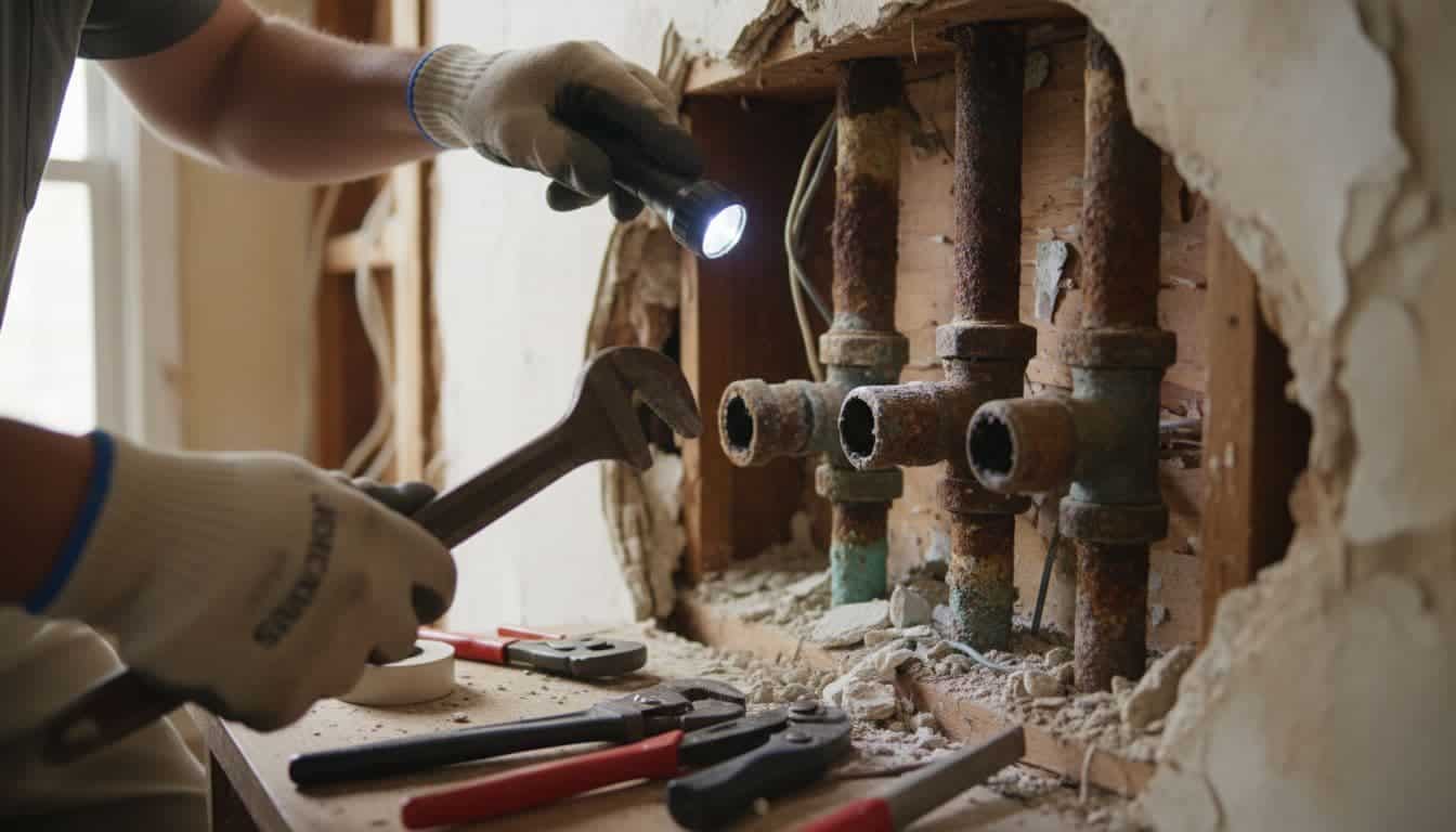 Plumber examines rusty pipe fittings and buildup inside older home wall.