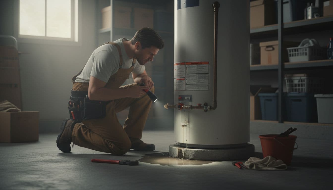 Realistic photo of a residential water heater with a small leak at the base, plumber inspecting it closely in a garage setting with tools on the floor and soft natural light.