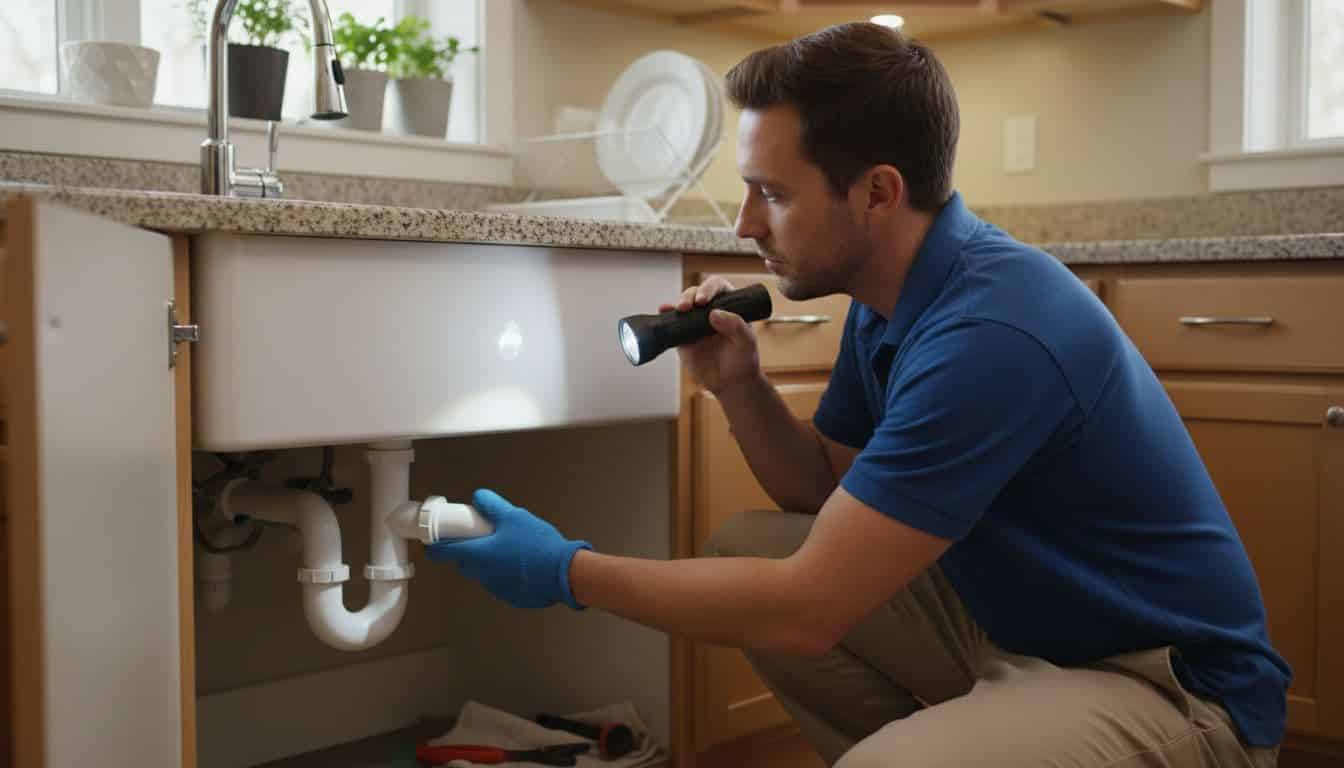 Plumber uses flashlight to check pipes and faucet under kitchen sink.