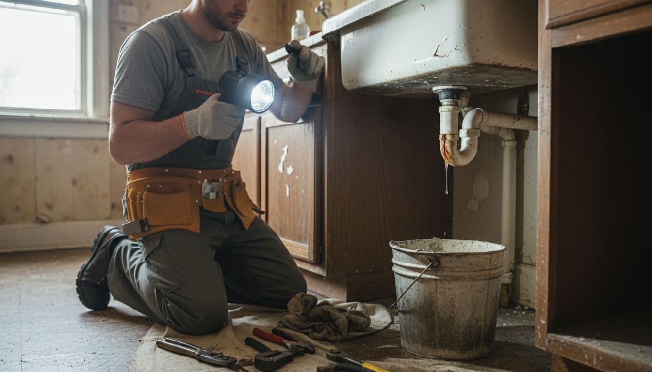 Plumber kneels under kitchen sink inspecting rusty leaking pipe with flashlight and tools.