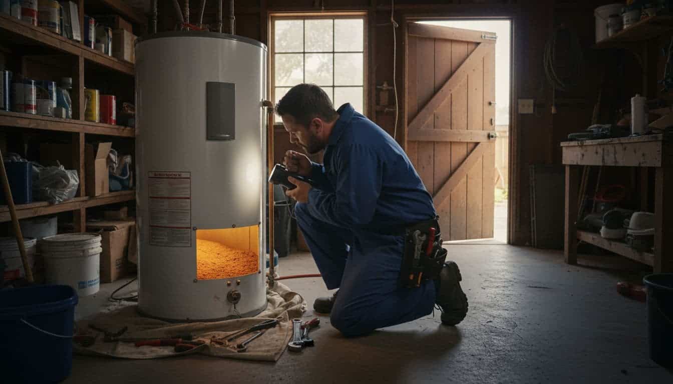 Plumber kneels with flashlight and tools near water heater tank in garage, sediment visible at bottom.