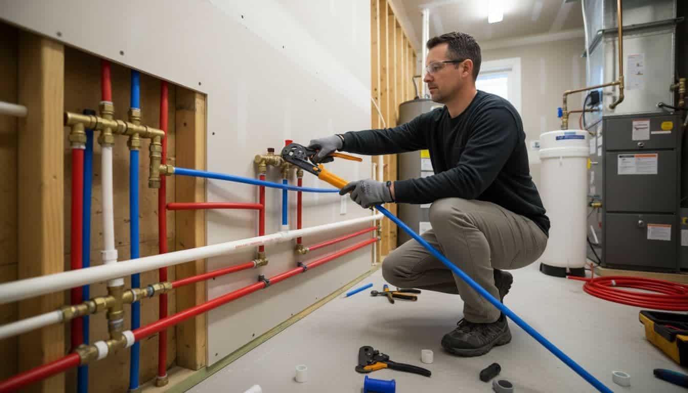 Plumber cuts and connects new PEX pipes with tools in a home utility room.