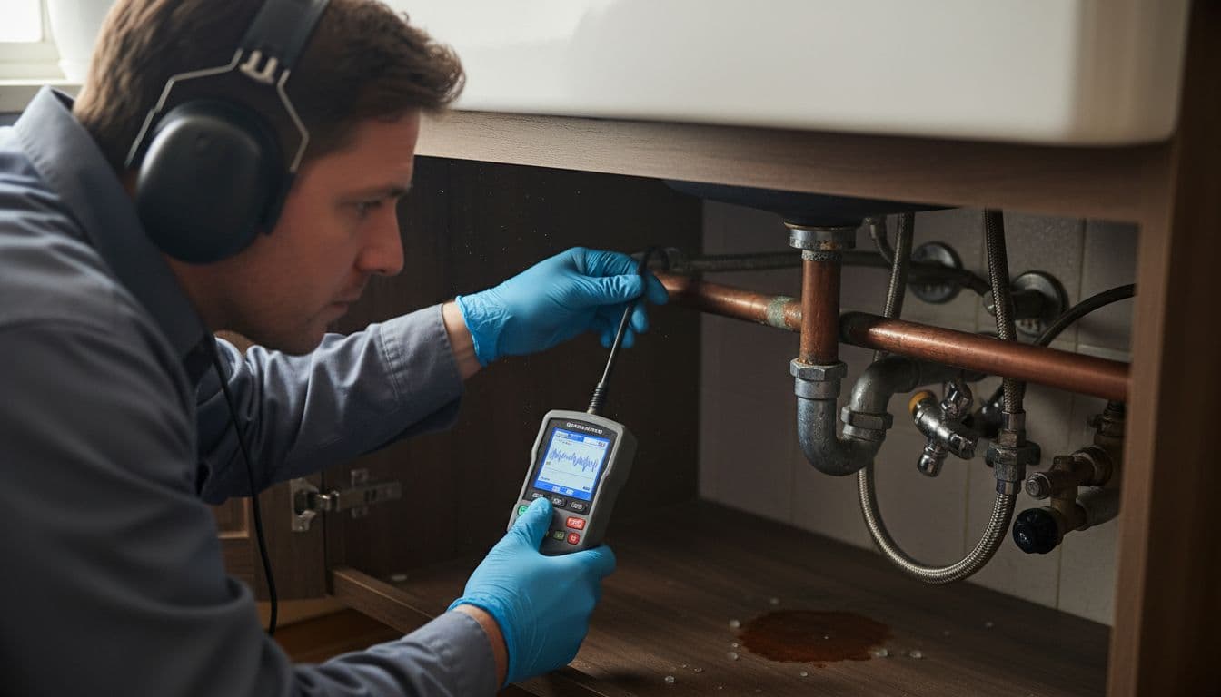 Realistic photo of a plumber technician using electronic leak detection equipment on a pipe under a kitchen sink in a residential home, focused on the tool and pipe with natural indoor lighting.