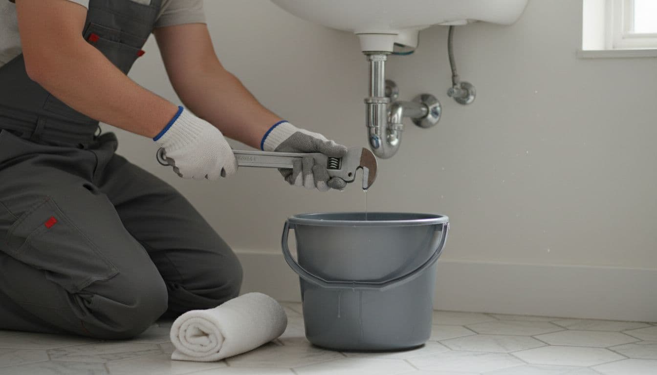 Plumber uses pipe wrench to loosen P-trap under bathroom sink, bucket below catches water.