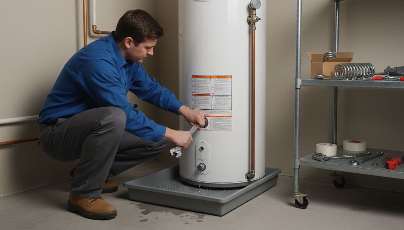 Realistic photo of a plumber technician replacing a water heater element in a home utility room. Exactly one plumber uses wrench on tank, water drip tray below, spare parts on shelf, soft indoor lighting, detailed tools.
