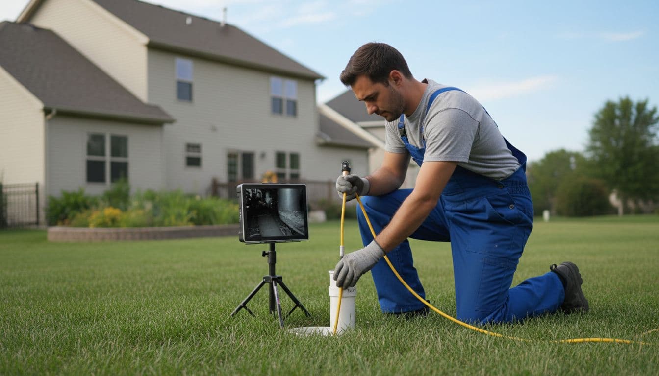 Plumber kneels in residential backyard, inserting sewer camera snake into cleanout pipe, home in background.