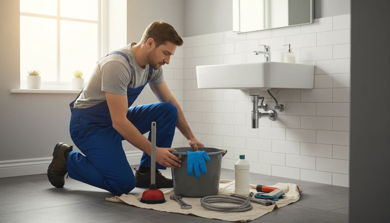 Plumber kneels in modern bathroom, arranging plunger, bucket, gloves, and pipe wrench beside sink.