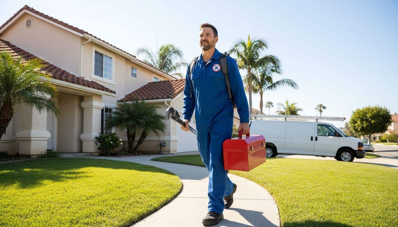 Plumber in uniform carries toolbox toward suburban home door, truck in background, sunny day.