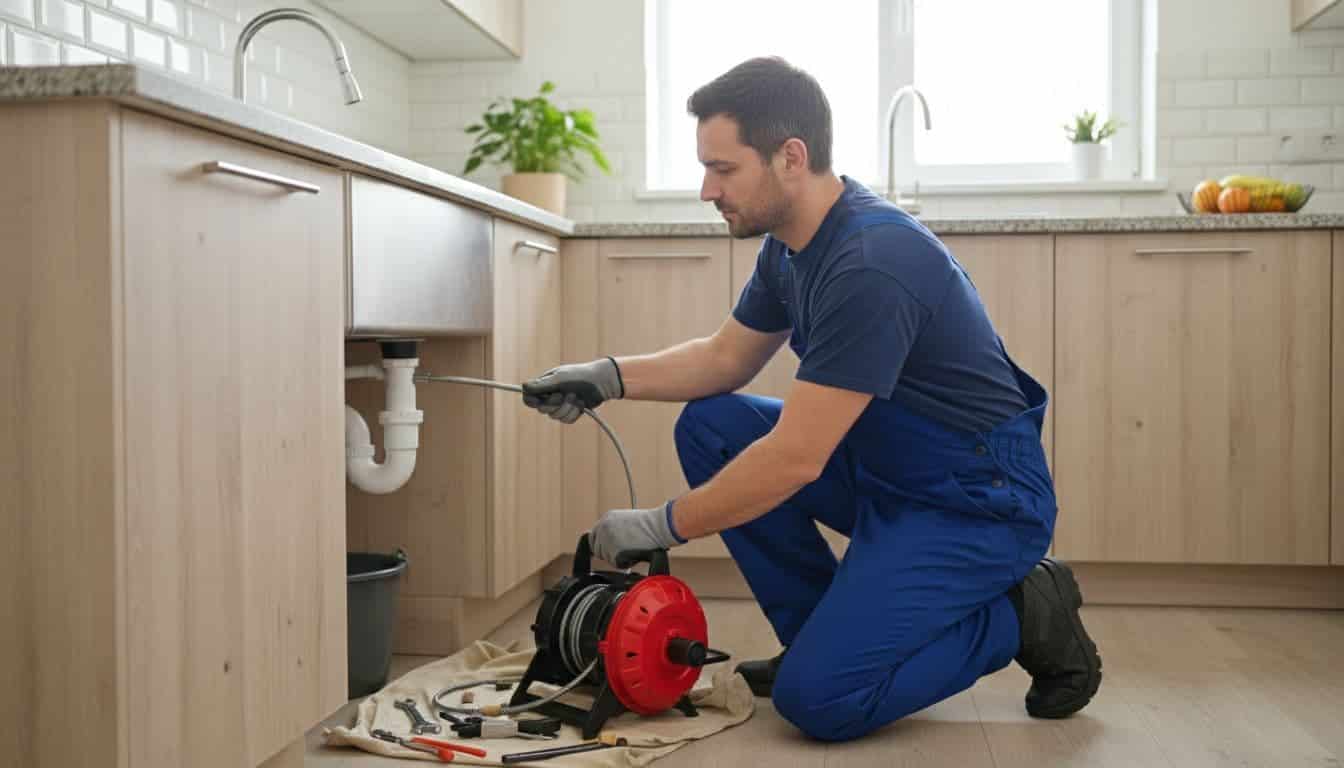 A plumber wearing a utility uniform works under a kitchen sink while operating a professional metal drain snake. Various pipes and a water shut-off valve are visible in the cabinet space.