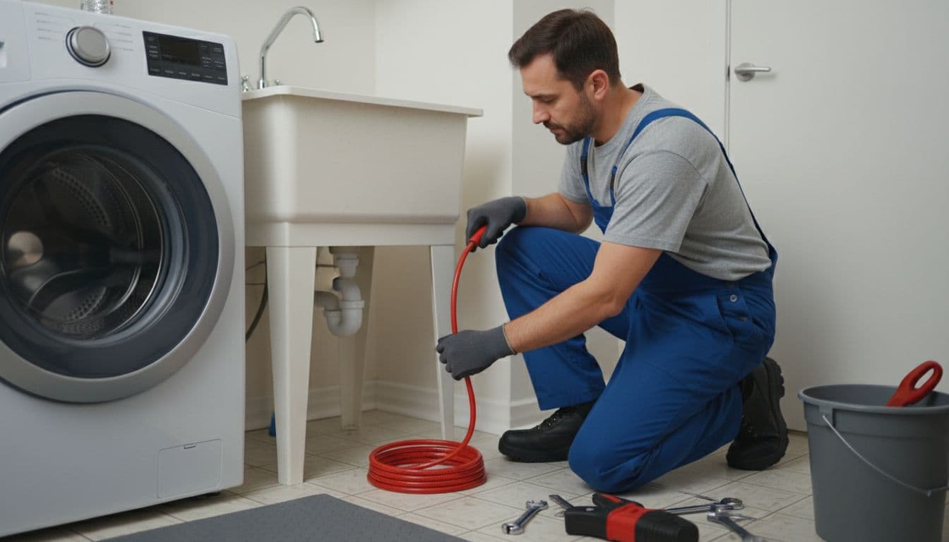 Plumber uses drain snake to clear clog in washing machine drain pipe under sink.