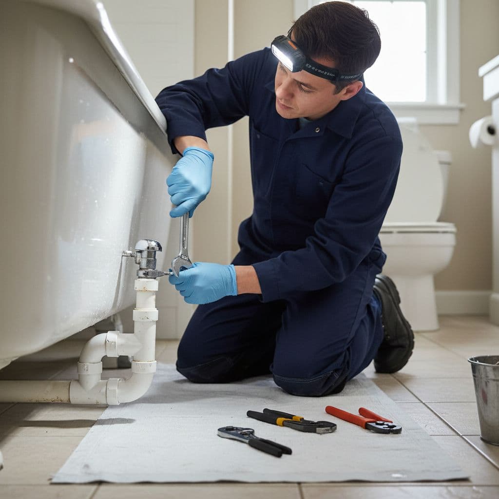 A professional plumber kneels on a bathroom floor while inspecting the pipe connections underneath a bathtub.