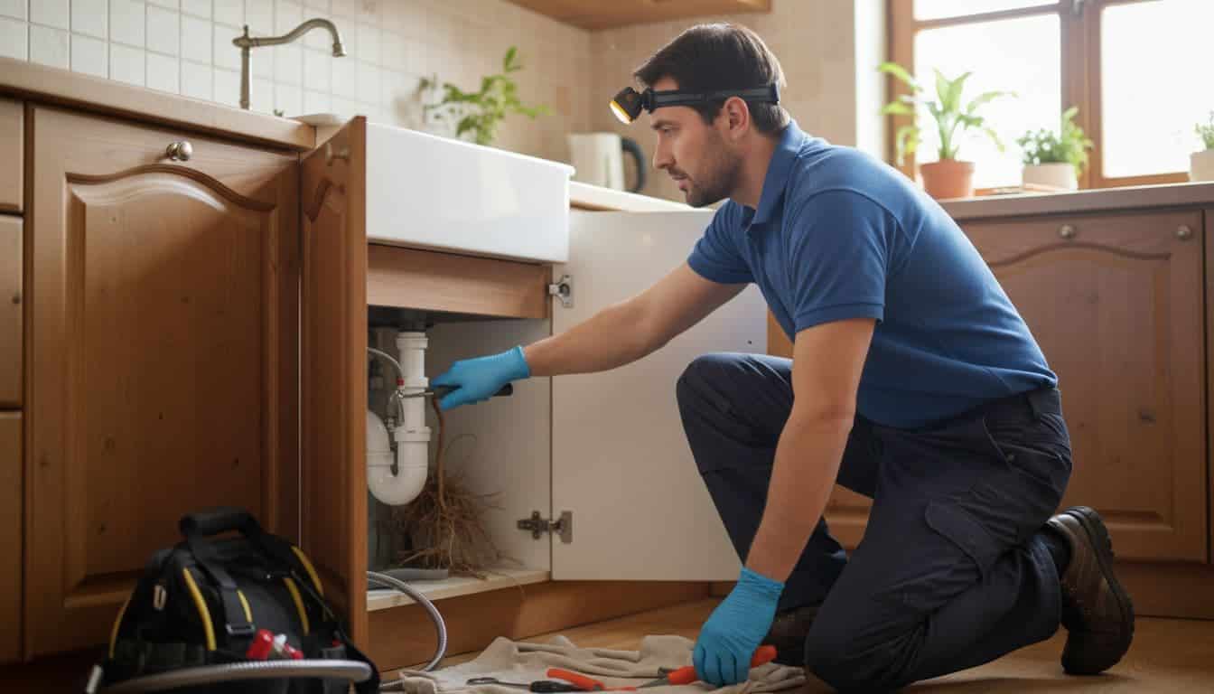 A technician in a uniform uses tools to clear a blockage in a residential kitchen sink drain.