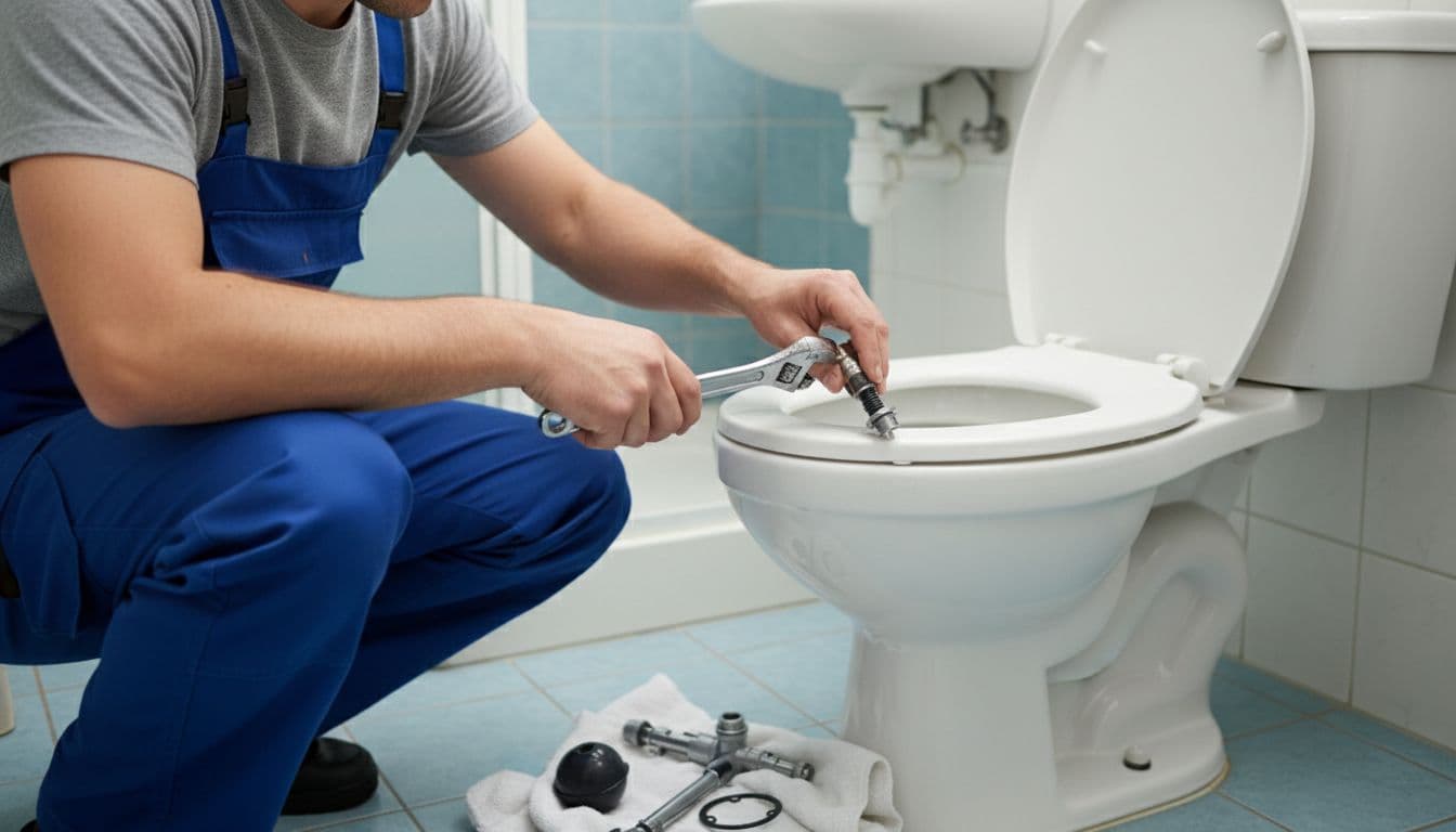 Plumber uses wrench to adjust fill valve in open toilet tank, parts on towel nearby in home bathroom.