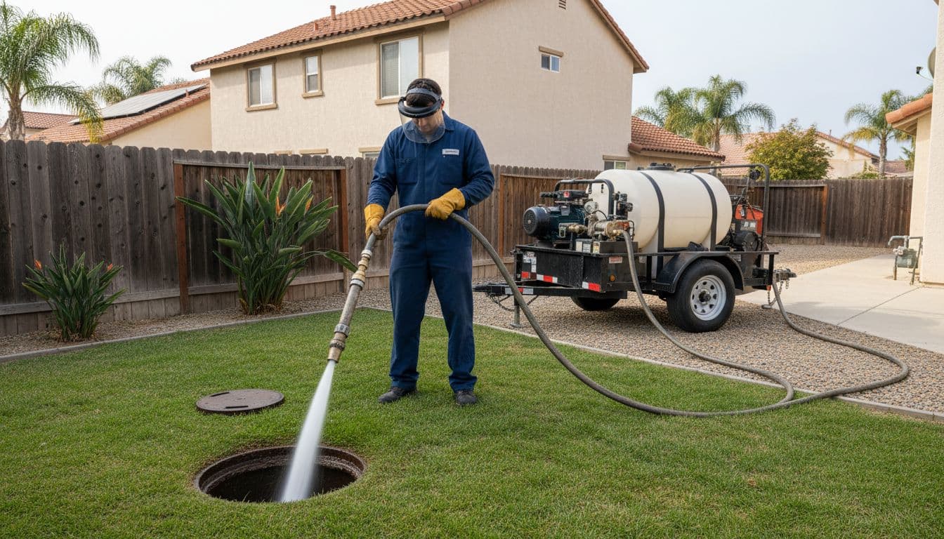 Plumber operates hydro jetting truck in backyard, hose connected to underground sewer access.