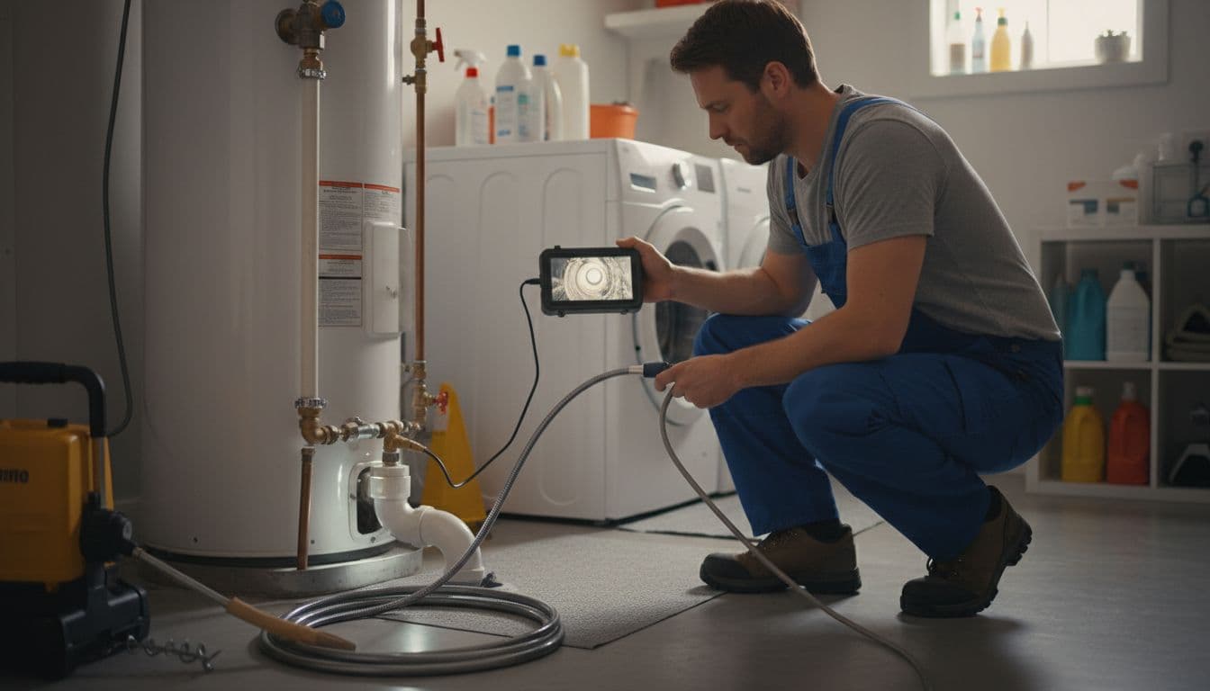 Plumber holds snake camera and monitor while inspecting clogged drain pipe in clean utility room with water heater nearby.