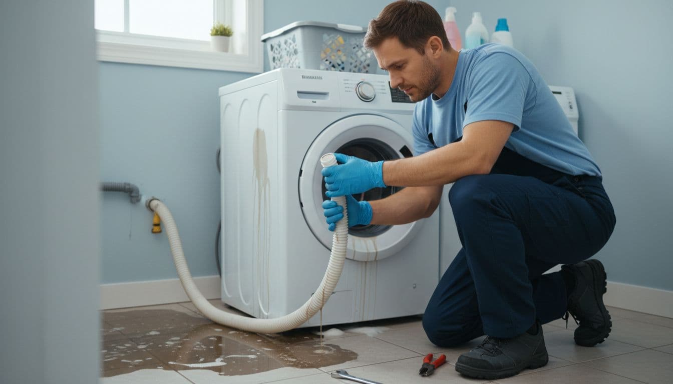 Plumber kneels in laundry room holding clogged washing machine drain hose with gloved hands, overflow water visible behind.