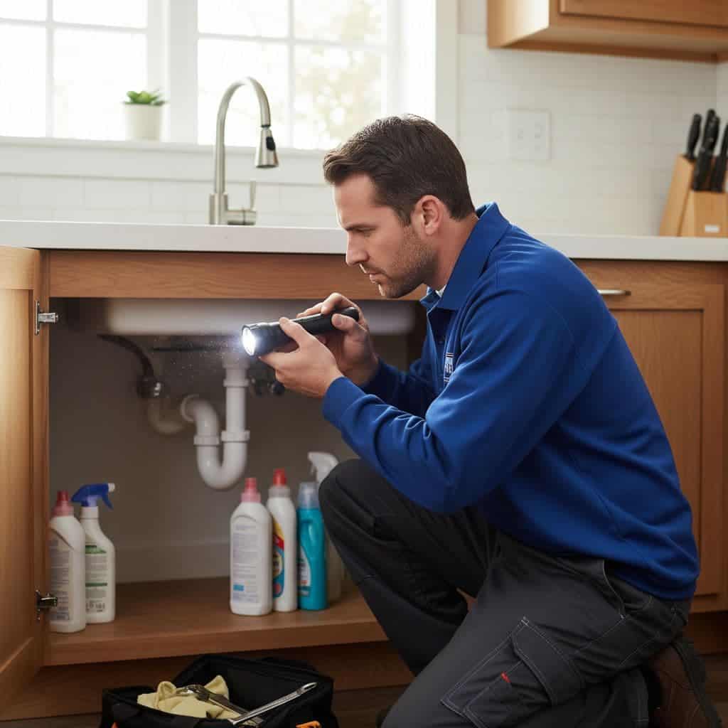 Plumber kneels under kitchen sink, shining flashlight on drain pipe.