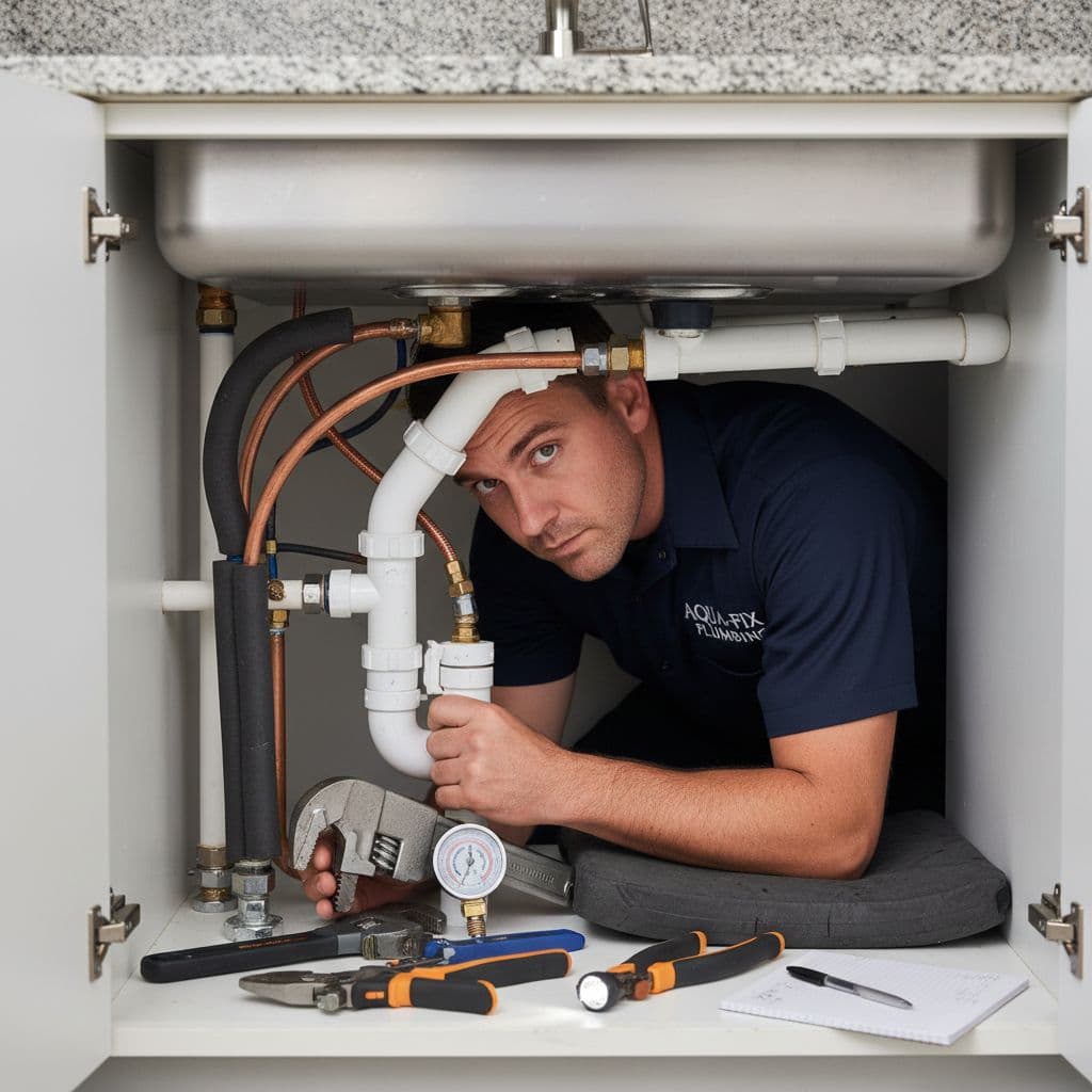 A professional plumber in uniform examines kitchen plumbing pipes to diagnose household noises.