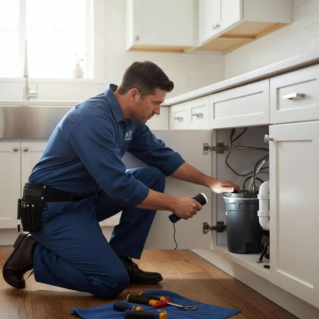 A technician in a blue uniform uses a flashlight to inspect a kitchen garbage disposal.