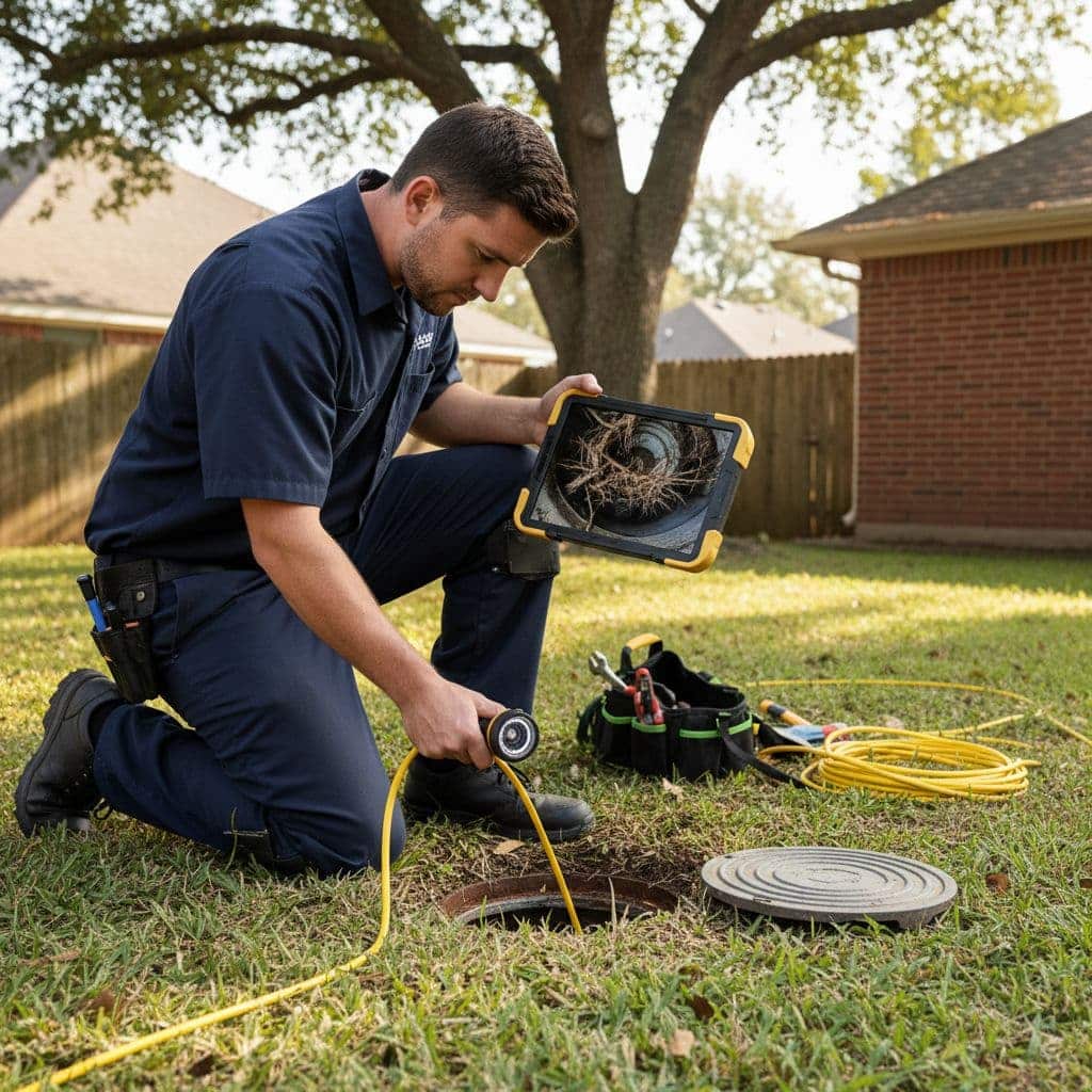 A plumber uses a sewer camera inspection tool to check residential pipes in a backyard.