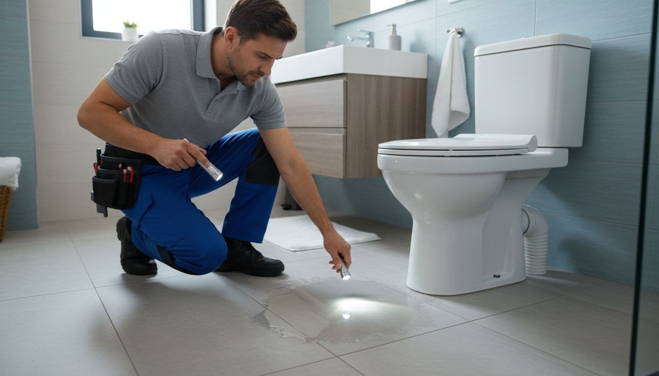 Plumber kneels in modern bathroom inspecting white toilet base with small water puddle on tile floor, holding flashlight.