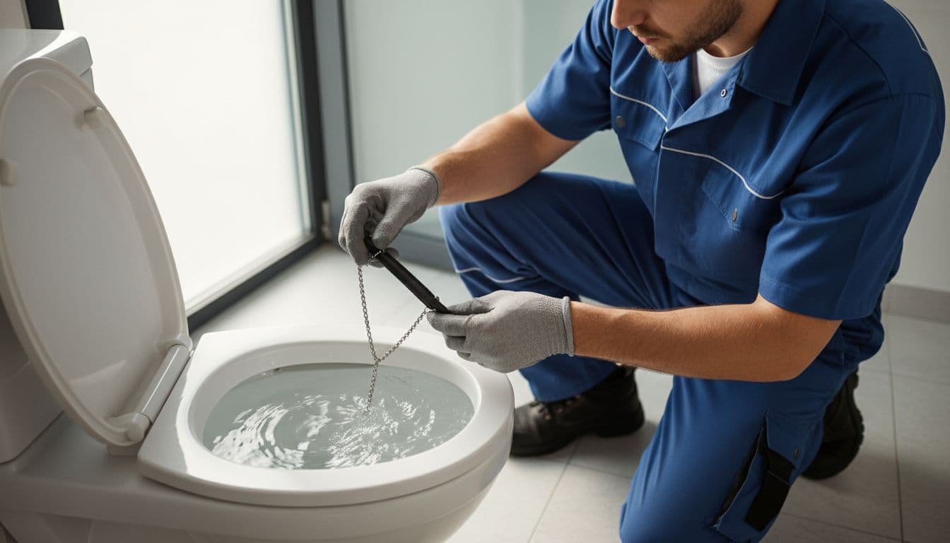 Plumber in uniform kneels by open toilet tank, gloved hands inspecting flapper and chain.