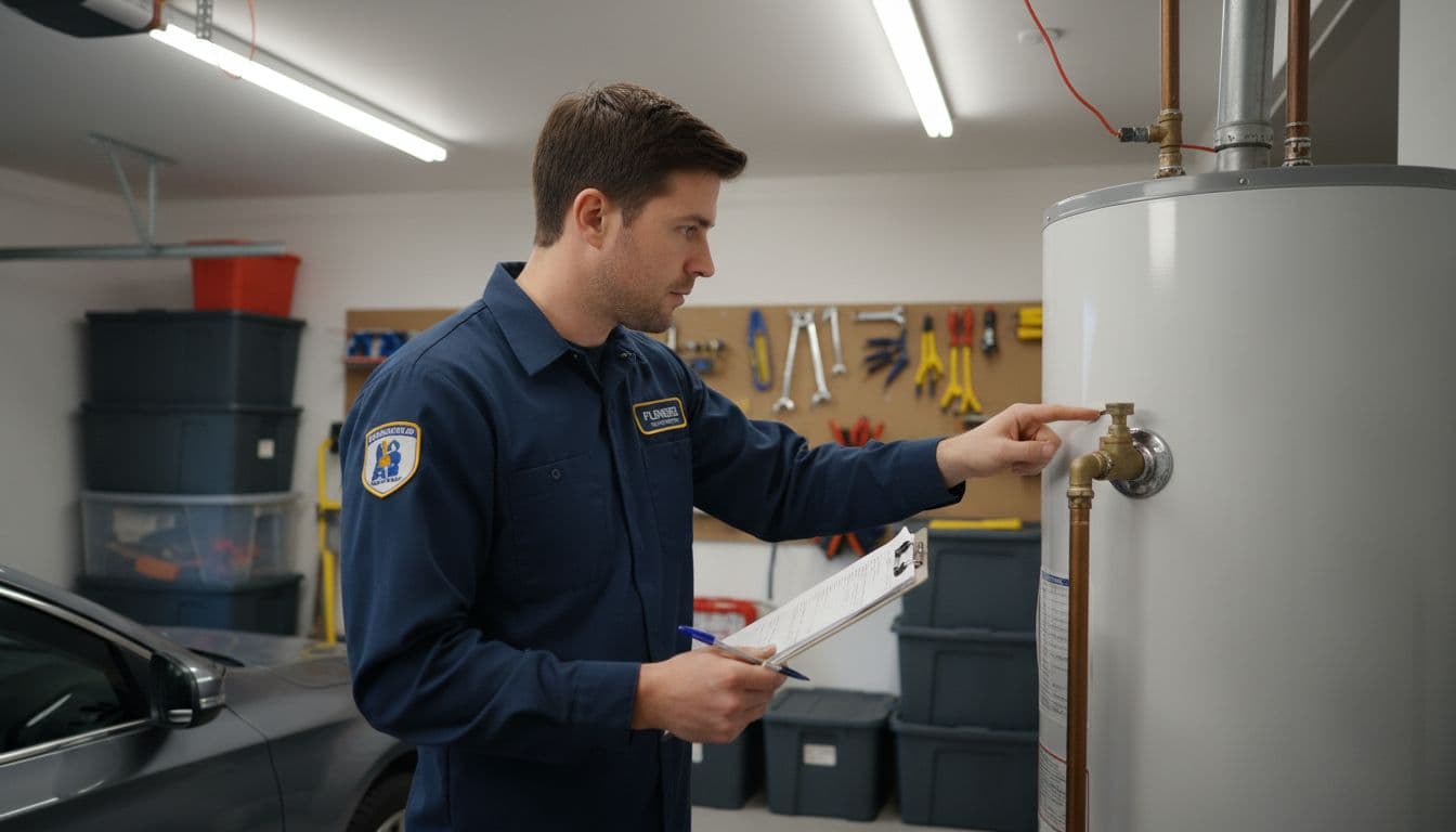 Plumber in uniform holds clipboard while checking water heater in garage.