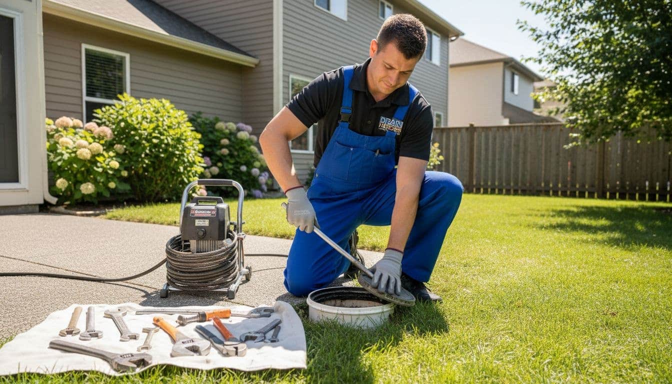 Plumber in backyard opens main sewer cleanout pipe with tools visible.