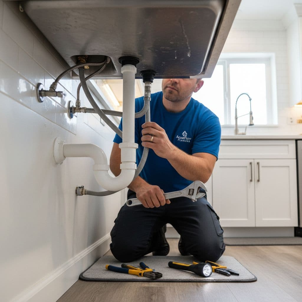 A technician in a blue uniform crouches inside a dark cabinet, carefully connecting a dishwasher hose to a sink drain pipe. Various professional wrench tools rest on the cabinet floor nearby.