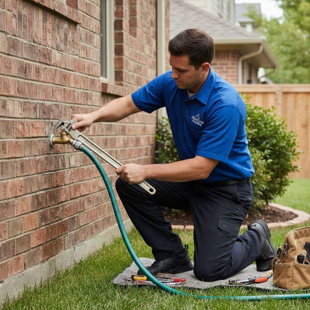 A plumber in uniform uses a wrench to repair a leaking outdoor faucet on a brick house wall.
