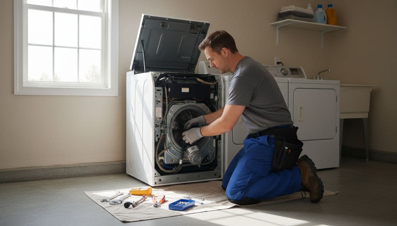 Plumber repairs open washing machine pump in garage laundry area with tools laid out.