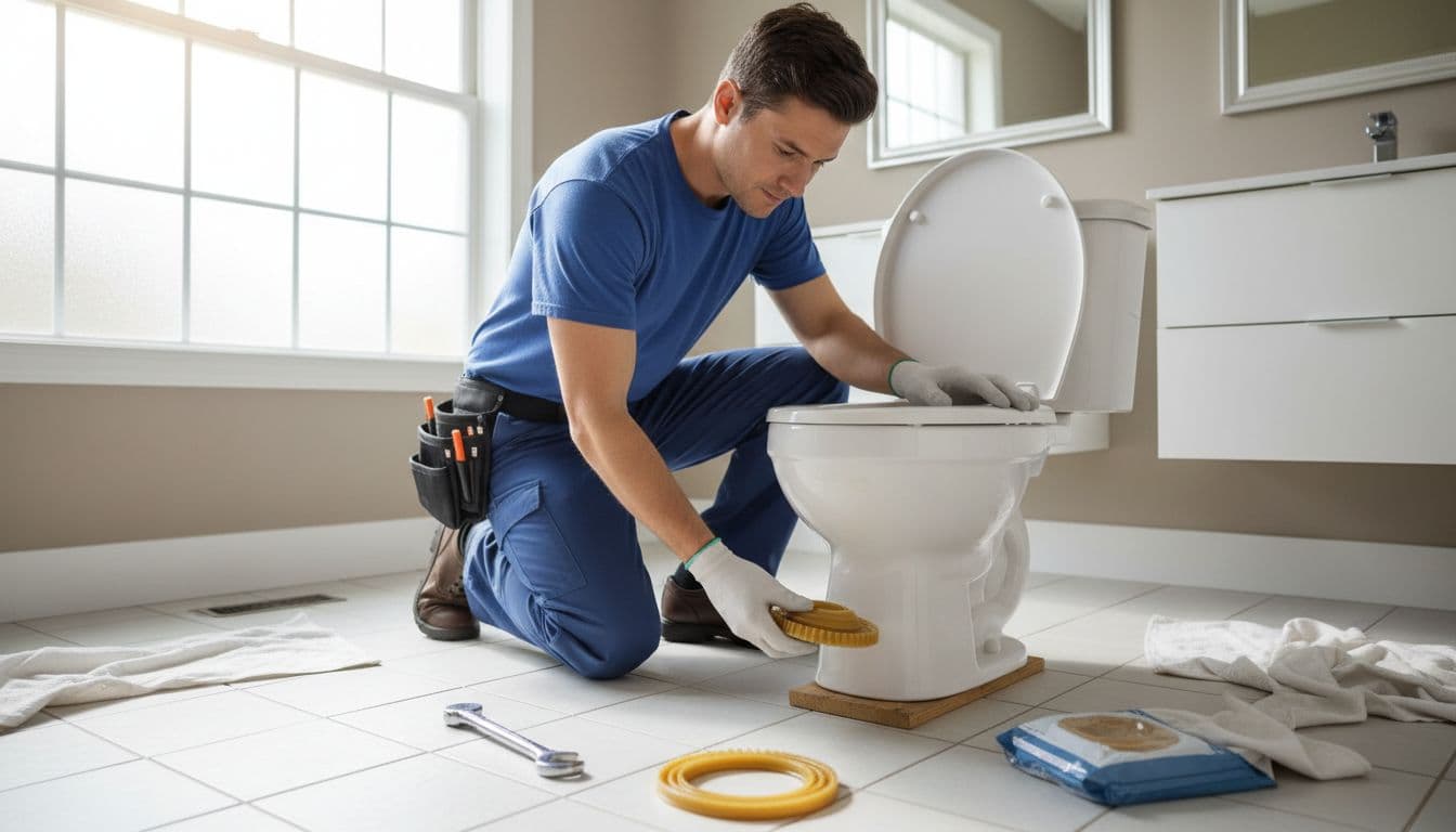 Plumber technician lifts toilet slightly to replace wax ring, with wrench and new ring on bathroom floor.