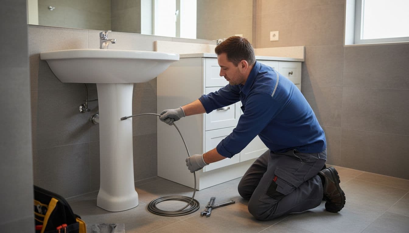 Plumber kneels on tile floor next to vanity, feeding drain snake cable into bathroom sink drain.