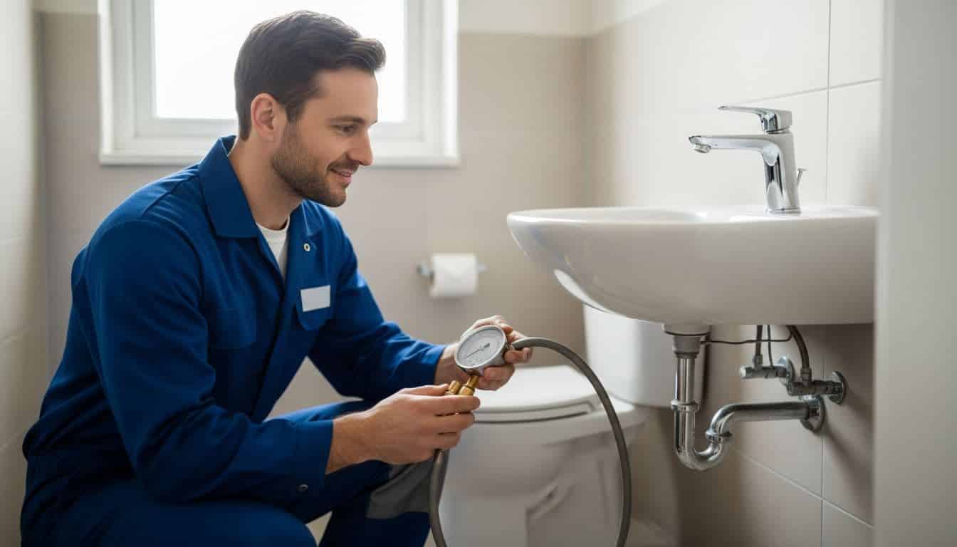 Plumber in uniform uses gauge on pipe at bathroom sink faucet near toilet.