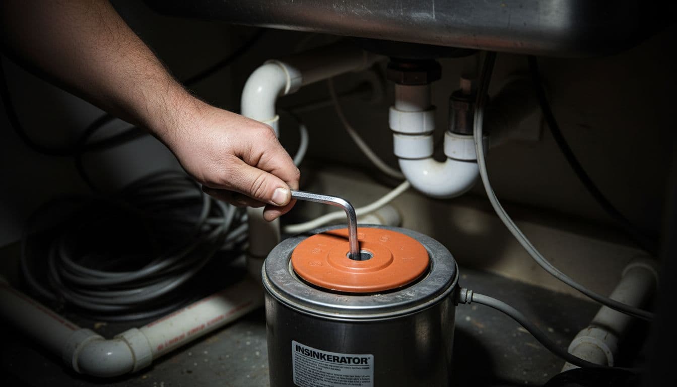 A close-up view of a plumber using an Allen wrench to manually rotate a kitchen garbage disposal flywheel.