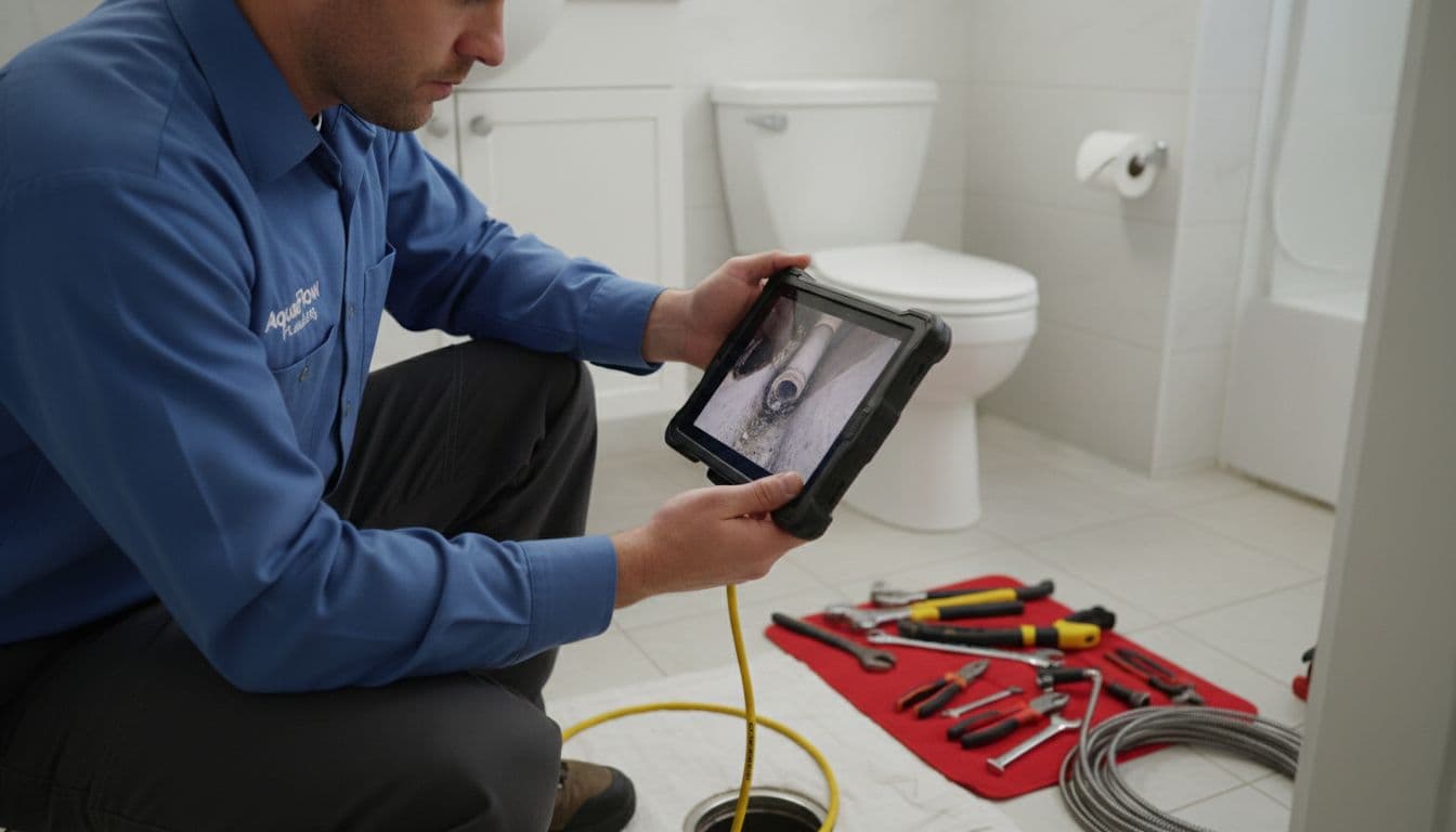 Plumber holds tablet showing drain camera feed in home setting.