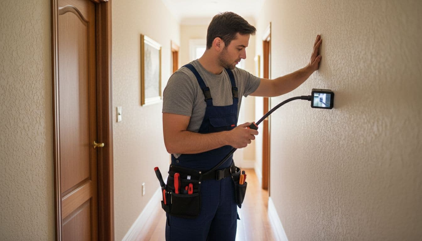 A professional technician stands in a hallway using a tool to check a wall for plumbing problems.