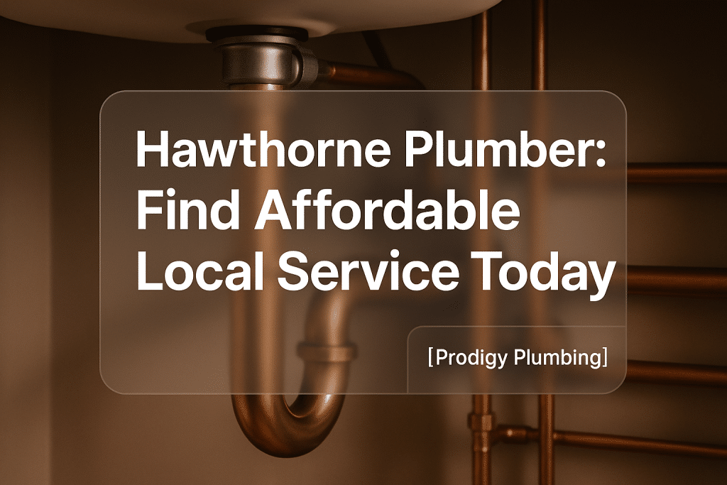 Clean typography design with bold text 'Hawthorne Plumber: Find Affordable Local Service Today' for Prodigy Plumbing.