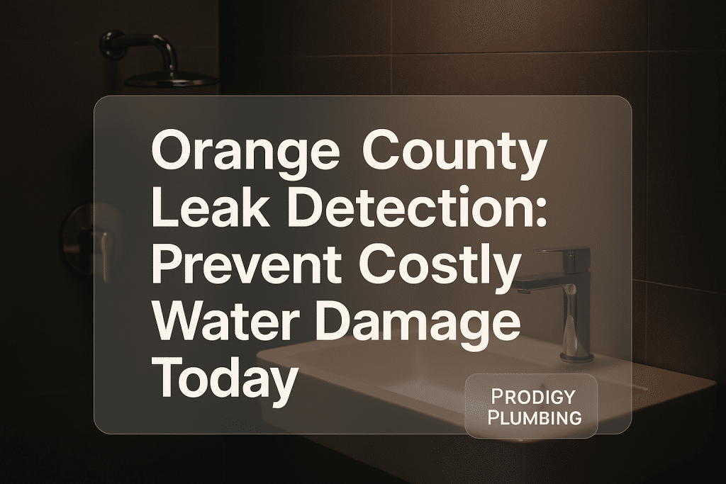 Clean typography design for 'Orange County Leak Detection: Prevent Costly Water Damage Today' by Prodigy Plumbing, featuring modern plumbing background.