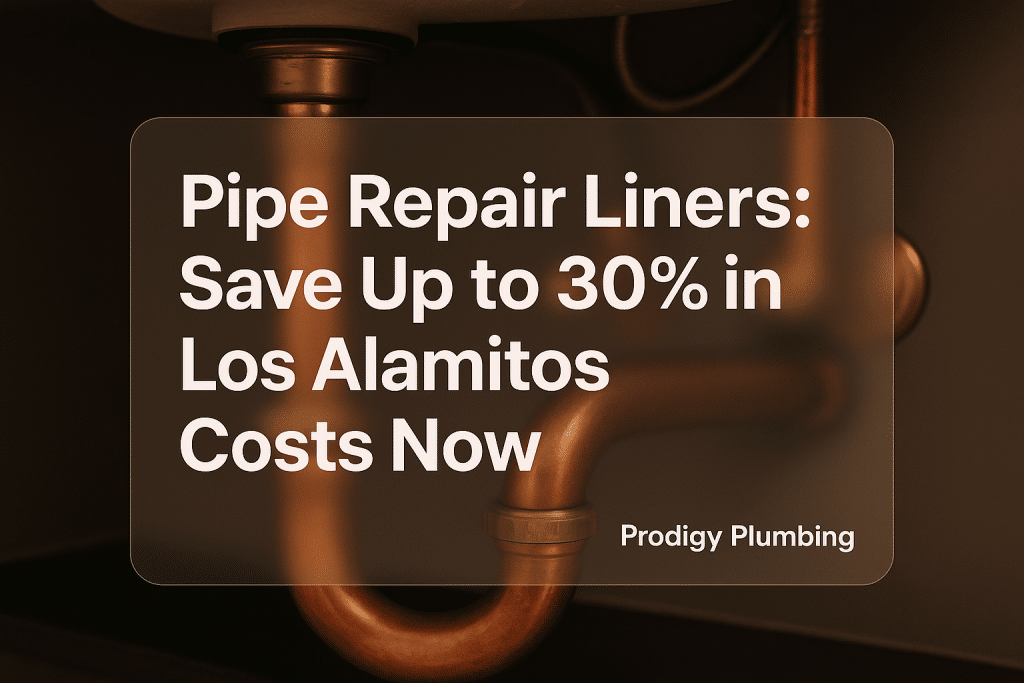 Modern design with bold text 'Pipe Repair Liners: Save Up to 30% in Los Alamitos Costs Now' by Prodigy Plumbing.