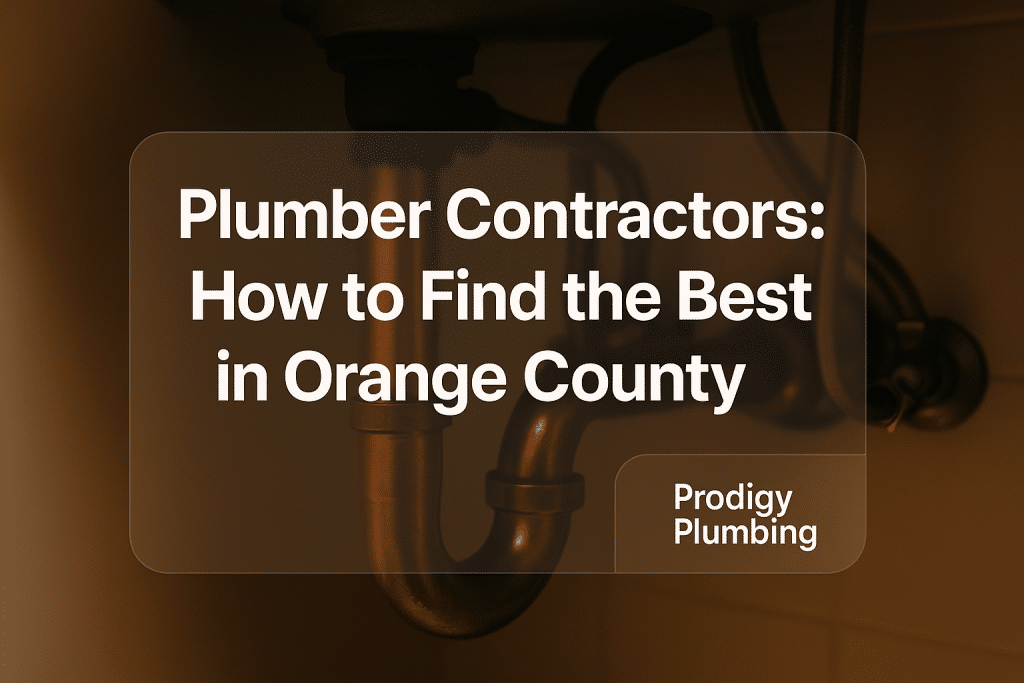 Typography design with bold text 'Plumber Contractors: How to Find the Best in Orange County' for Prodigy Plumbing.