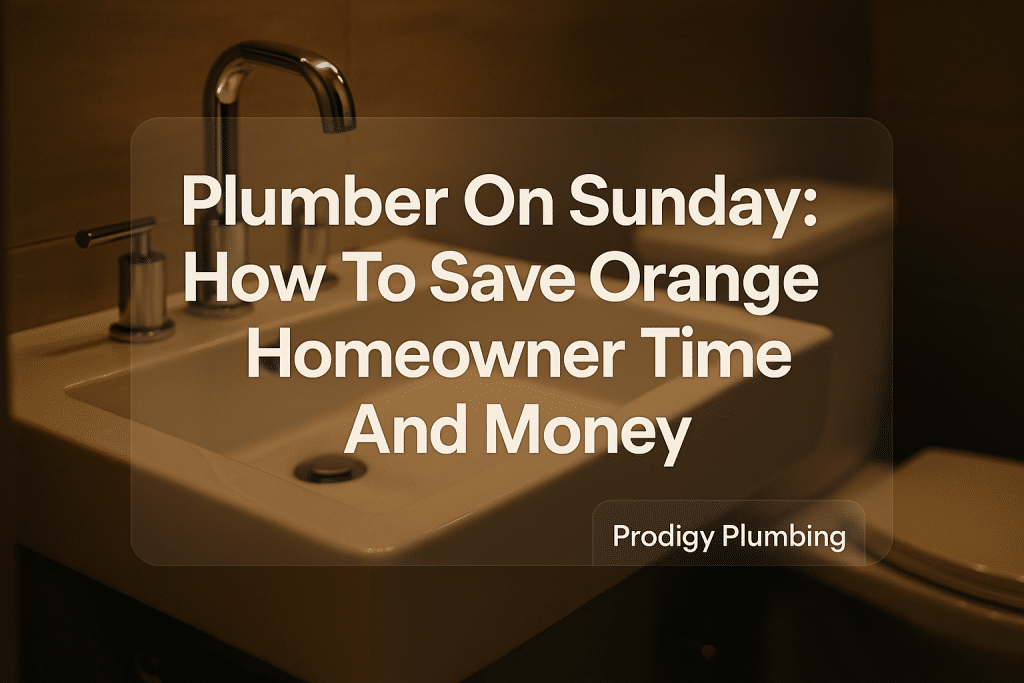 Bold typography design for 'Plumber On Sunday' article by Prodigy Plumbing, featuring a clean bathroom background.