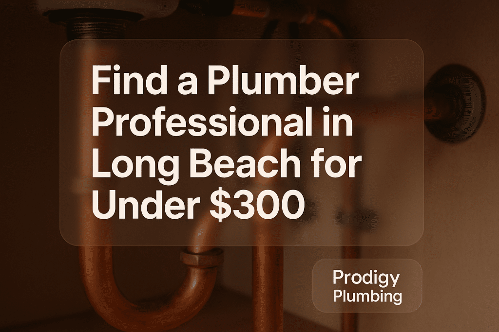 Typography design with bold text stating 'Find a Plumber Professional in Long Beach for Under $300' by Prodigy Plumbing.